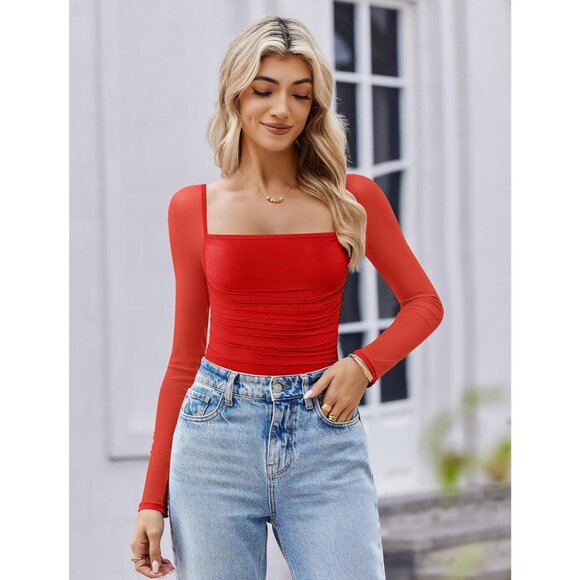 Women's Bodysuit Long Sleeve Neck Mesh Shirts Ruched Sexy Sheer Dark Red Tops - Picture 2 of 6
